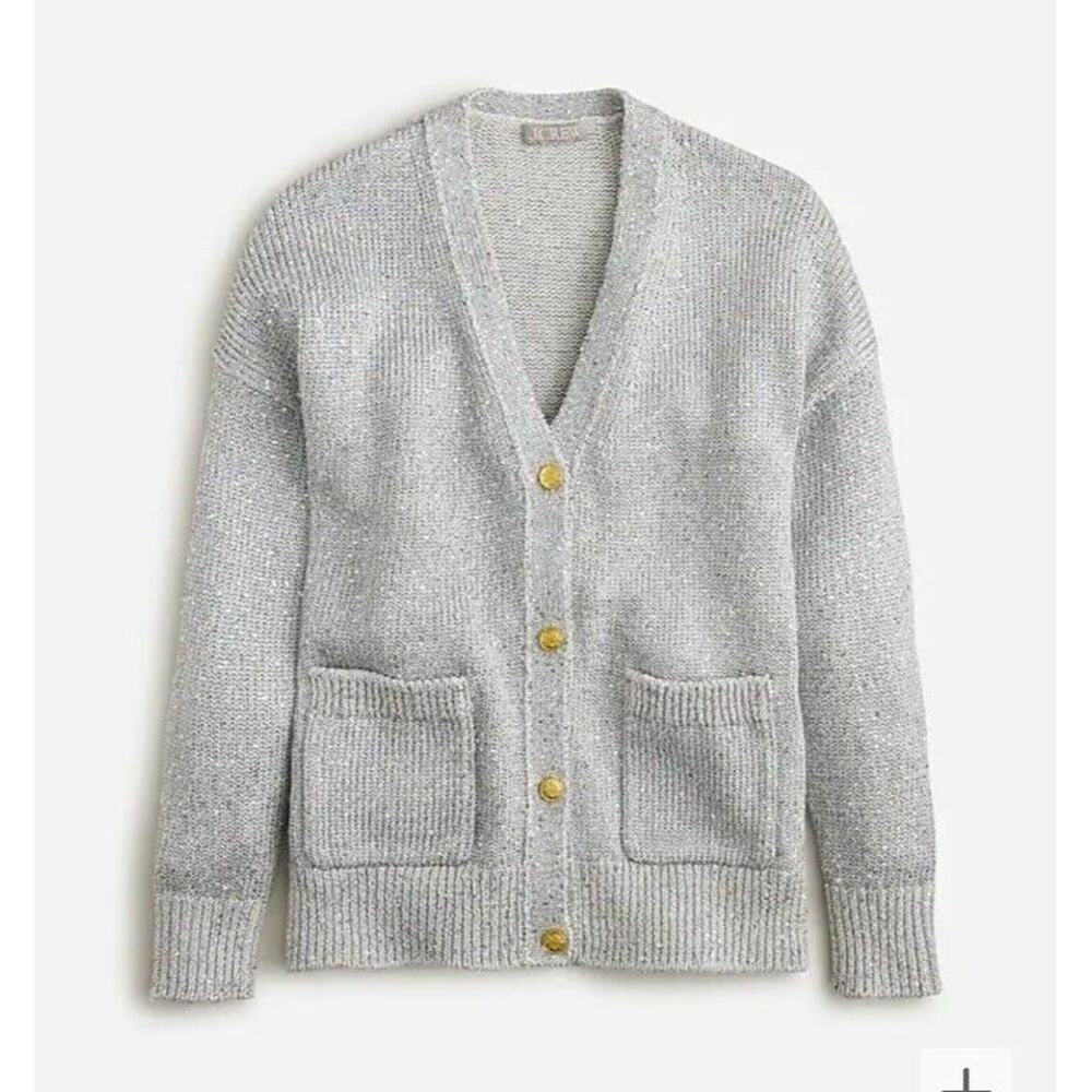 New womens sz Medium J Crew silver sequin button down relaxed fit cardigan BS951